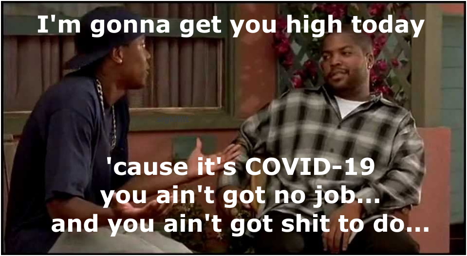 I'm gonna get you high today 'cause it's COVID-19; you ain't got no job... and you ain't got shit to do today
